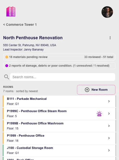 Towerforma inspection room list organized by floor, with a room flagged for a damage or condition report
