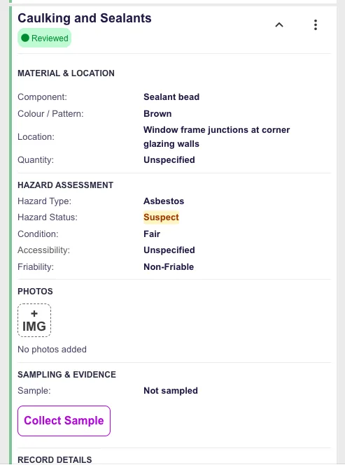 Expanded Towerforma material occurrence record for caulking and sealants showing hazard assessment, photos and sampling status